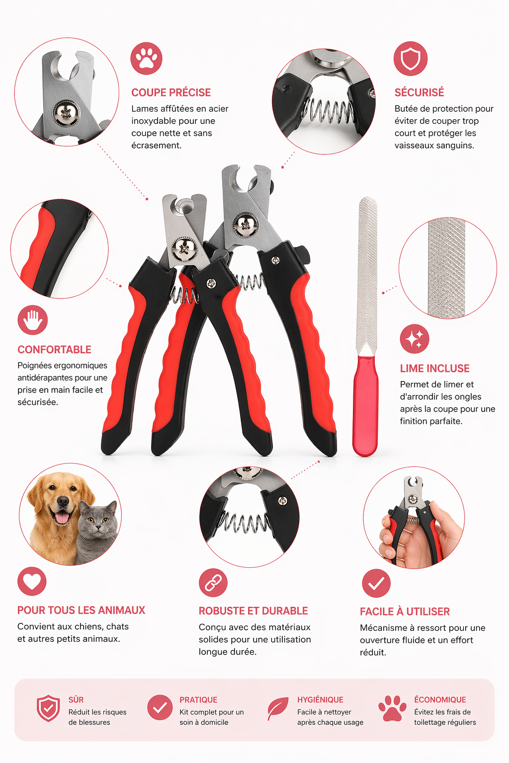 Coupe-Ongles Inox pour Chien & Chat — Tailles S & L, Rouge